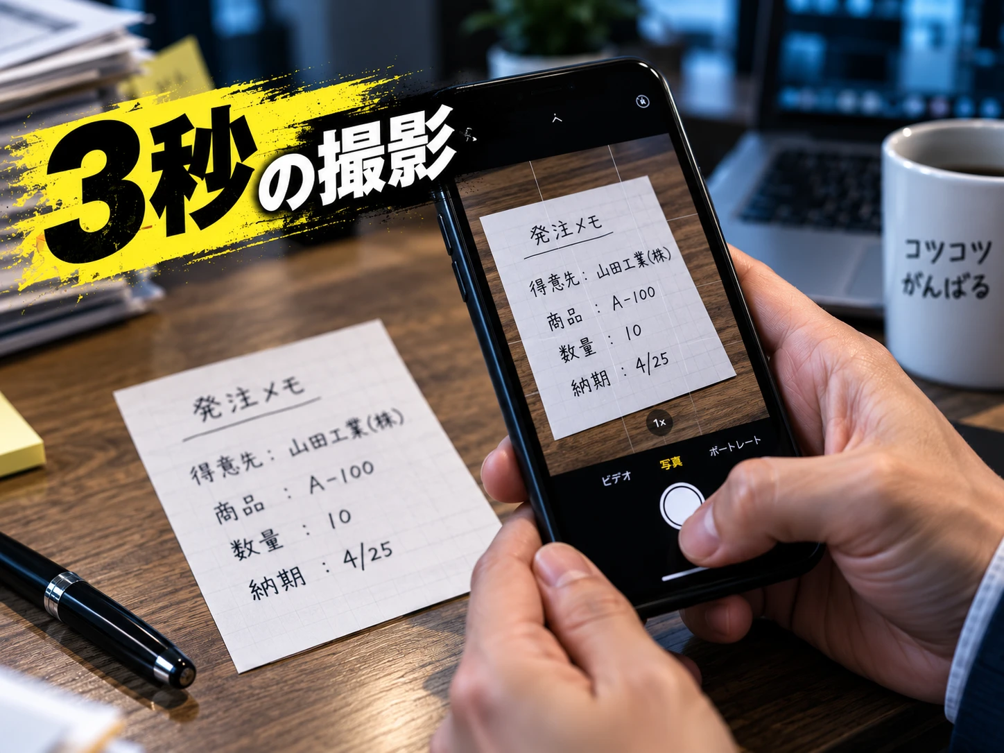 電話を切った直後に、手書きの発注メモをスマートフォンで撮影する。3秒の撮影